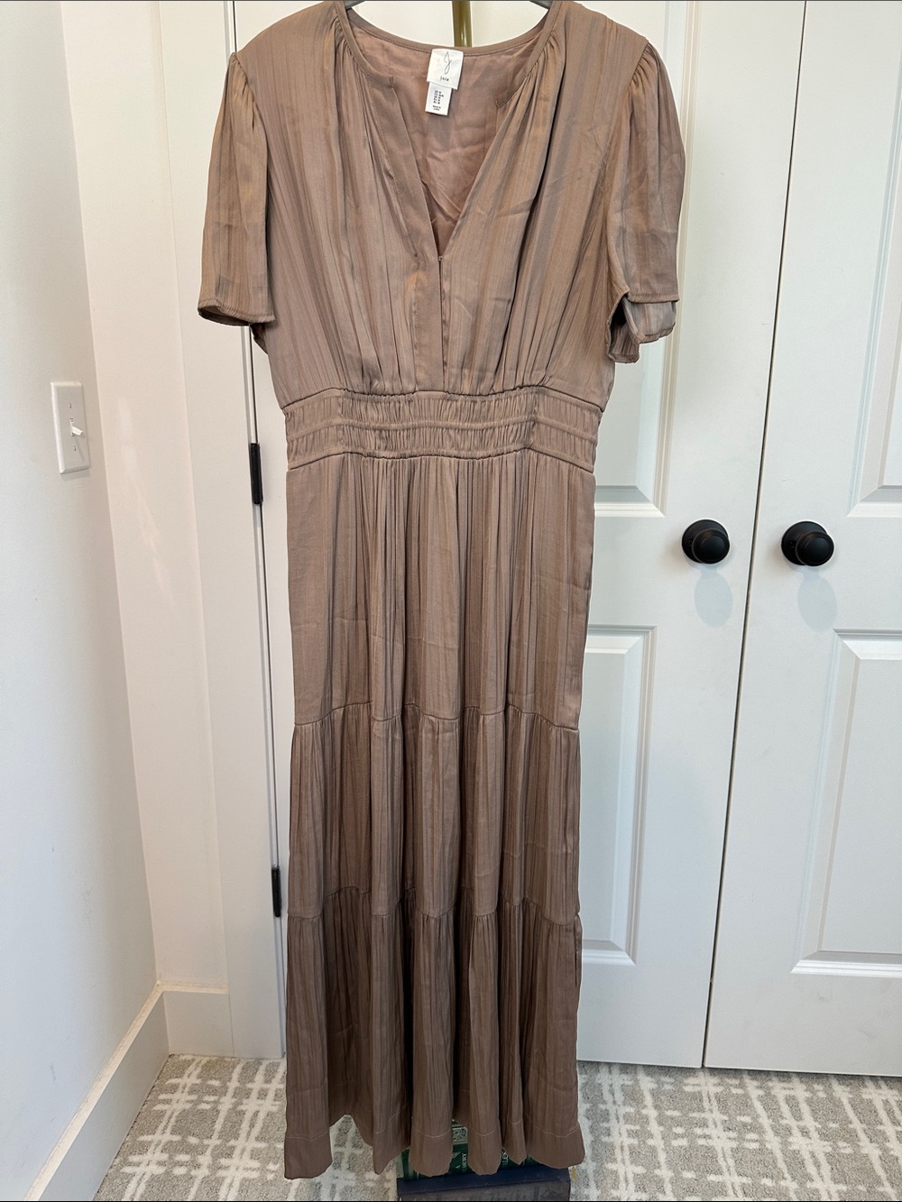 Joie Taupe Pleated V-Neck Maxi Dress